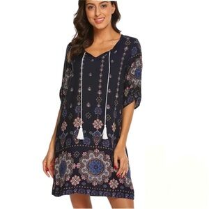 Halife Navy Blue Floral Print Tassel Tie Neck 3/4 Sleeve Tunic Dress
